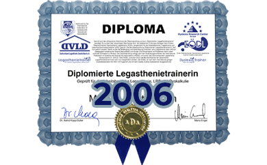 Diploma zum diplomierten Legasthenietrainer von Mag. Judith Schmitt von 2006