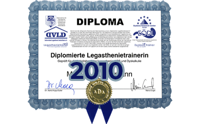 Diploma zum diplomierten Legasthenietrainer von Mag. Sabine Hofer-Freundorfer von 2010