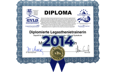 Diploma zum diplomierten Legasthenietrainer von Jana Nielebock von 2014